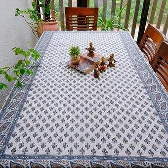 Hand Block Printed Grey Cotton Table Cover with Mughal-Inspired Motifs