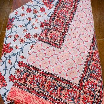 Hand Block Printed Cotton Table Cover with Red Lotus Motifs