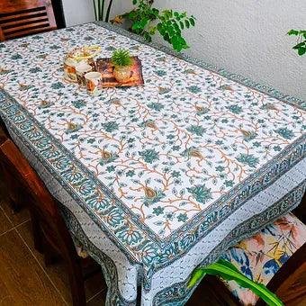 Hand Block Printed Cotton Table Cover with Lotus Pattern Mughal Print