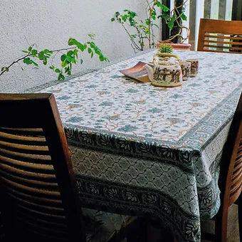 Hand Block Printed Cotton Table Cover with Lotus Pattern Mughal Print