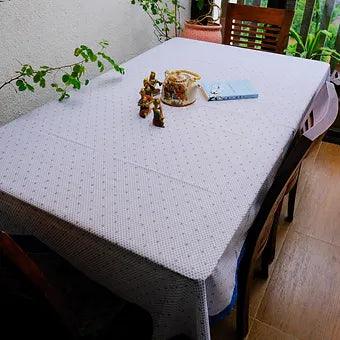 White Cotton Block Printed Table Cover with Blue Motifs & Border