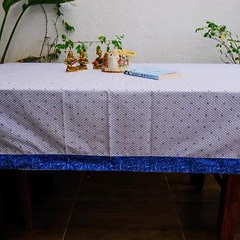 White Cotton Block Printed Table Cover with Blue Motifs & Border