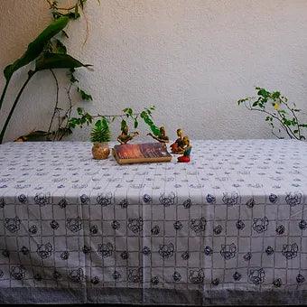 Hand Block Printed Grey Cotton Table Cover with Rose Motifs