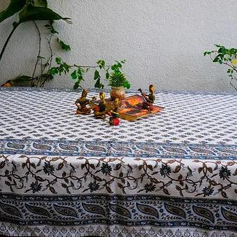 Hand Block Printed Grey Cotton Table Cover with Mughal-Inspired Motifs