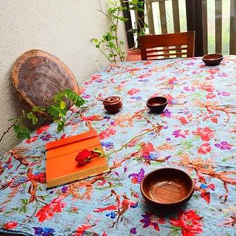 Reversible Floral Grey Kantha Work Handmade Table Cover