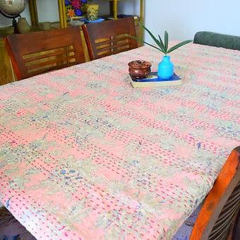 Reversible Peach Floral Kantha Work Handmade Table Cover