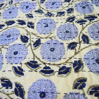 Reversible Block Printed White Kantha with Blue Floral Work Handmade Table Cover