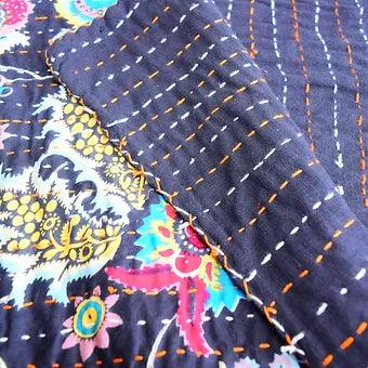 Reversible Black Abstract Bold Colorful Motif Kantha Work Handmade Table Cover