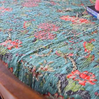 Reversible Teal Floral Kantha Work Handmade Table Cover