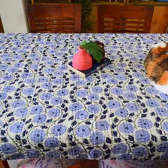 Reversible Block Printed White Kantha with Blue Floral Work Handmade Table Cover