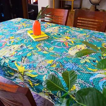 Reversible Handmade Kantha Work Monkey Print Green Table Cover