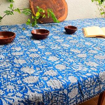 Reversible Blue Floral Kantha Work Handmade Table Cover