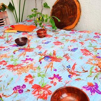 Reversible Floral Grey Kantha Work Handmade Table Cover