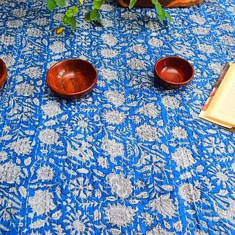 Reversible Blue Floral Kantha Work Handmade Table Cover