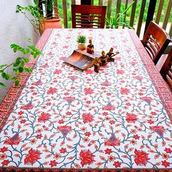 Hand Block Printed Cotton Table Cover with Red Lotus Motifs