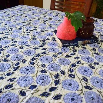 Reversible Block Printed White Kantha with Blue Floral Work Handmade Table Cover