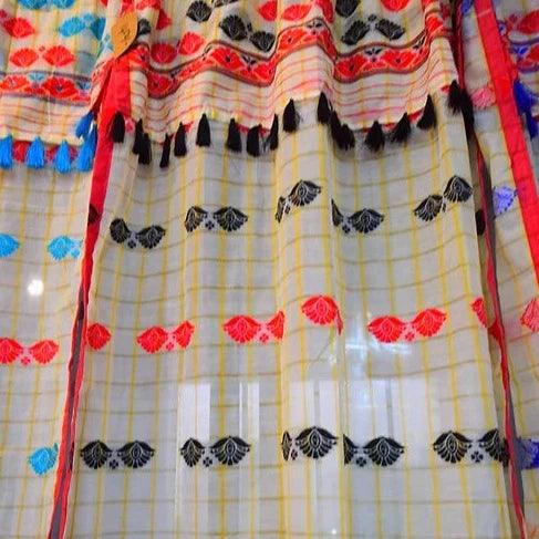 Sheer Assamese Handloom Curtain with Black & Red Assamese Traditional Motifs | Cotton-Silk Blend with Silk Tassels