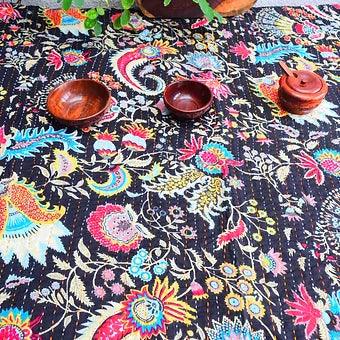 Reversible Black Abstract Bold Colorful Motif Kantha Work Handmade Table Cover