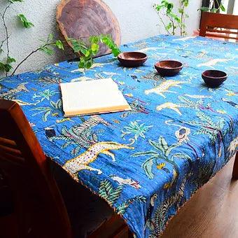 Reversible Tropical Animal Print Blue Kantha Work Handmade Table Cover