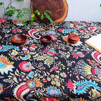 Reversible Black Abstract Bold Colorful Motif Kantha Work Handmade Table Cover