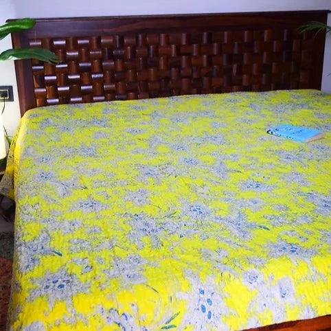 Multipurpose Yellow Print Bedspread | Kantha | Bedcover | Quilt | Throw