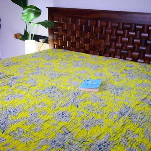 Multipurpose Yellow Print Bedspread | Kantha | Bedcover | Quilt | Throw