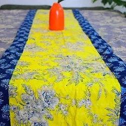 Yellow Handmade Kantha Work Table Runner with Indigo Border