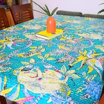 Reversible Handmade Kantha Work Monkey Print Green Table Cover