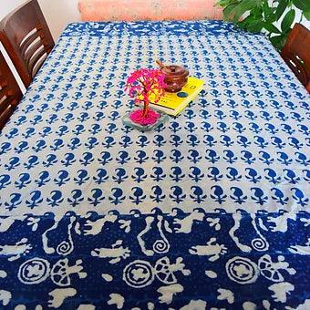 Hand Block Print Pure Cotton Indigo Blue Table Cover with Frills