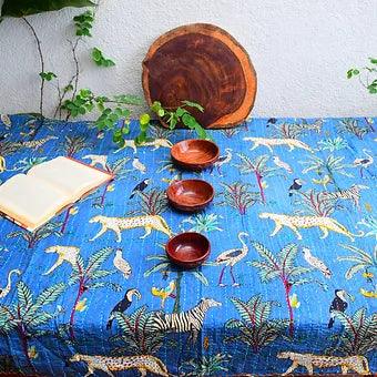 Reversible Tropical Animal Print Blue Kantha Work Handmade Table Cover