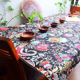 Reversible Black Abstract Bold Colorful Motif Kantha Work Handmade Table Cover