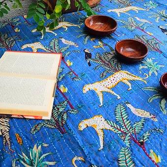 Reversible Tropical Animal Print Blue Kantha Work Handmade Table Cover