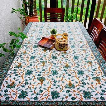 Hand Block Printed Cotton Table Cover with Lotus Pattern Mughal Print