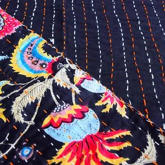 Reversible Black Abstract Bold Colorful Motif Kantha Work Handmade Table Cover