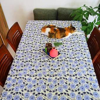 Reversible Block Printed White Kantha with Blue Floral Work Handmade Table Cover