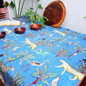 Reversible Tropical Animal Print Blue Kantha Work Handmade Table Cover