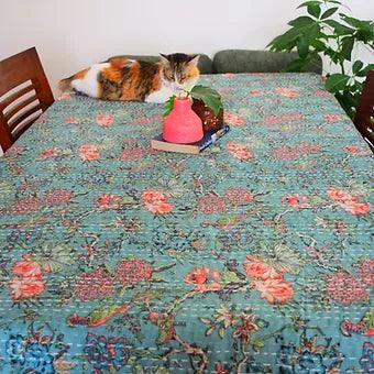 Reversible Teal Floral Kantha Work Handmade Table Cover