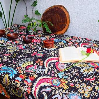 Reversible Black Abstract Bold Colorful Motif Kantha Work Handmade Table Cover