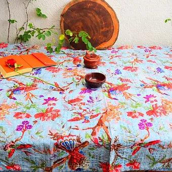 Reversible Floral Grey Kantha Work Handmade Table Cover