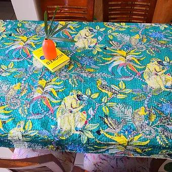 Reversible Handmade Kantha Work Monkey Print Green Table Cover