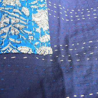 Reversible Blue Floral Kantha Work Handmade Table Cover