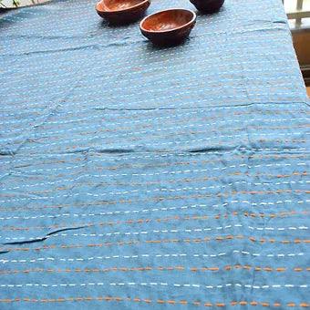 Reversible Tropical Animal Print Blue Kantha Work Handmade Table Cover