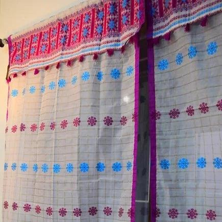 Sheer Assamese Handloom Curtain with Sky Blue & Magenta Mishing Floral Motif | Cotton-Silk Blend with Silk Tassels