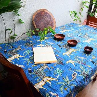 Reversible Tropical Animal Print Blue Kantha Work Handmade Table Cover