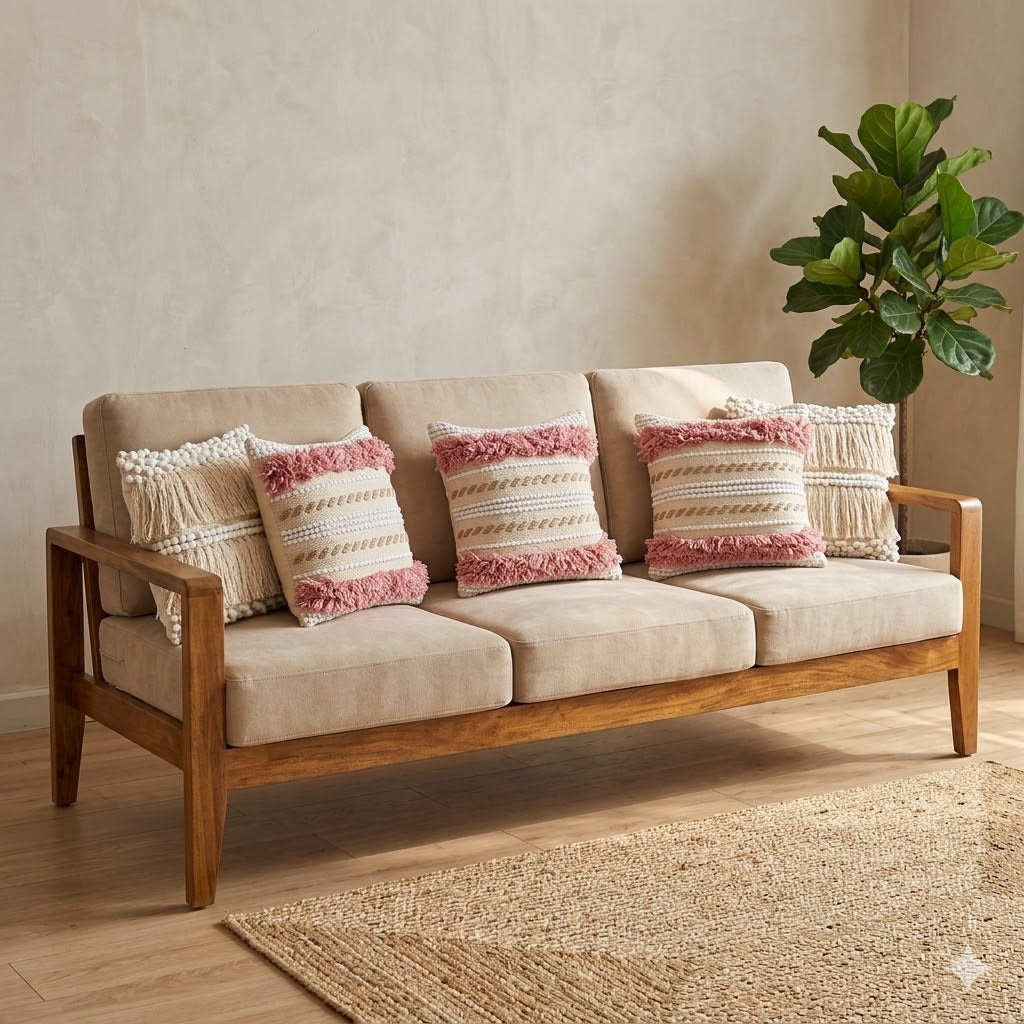 A 5-piece curated boho cushion set featuring 2 off-white all-over tassel covers and 3 white and pink shaggy hand-tufted cushions on a modern sofa.