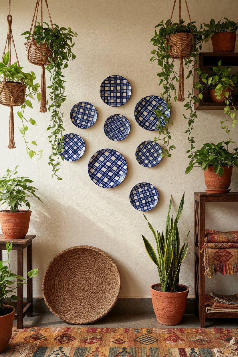 A round ceramic wall plate with a blue and white crisscross pattern, displayed on a woven mat against a floral art background.