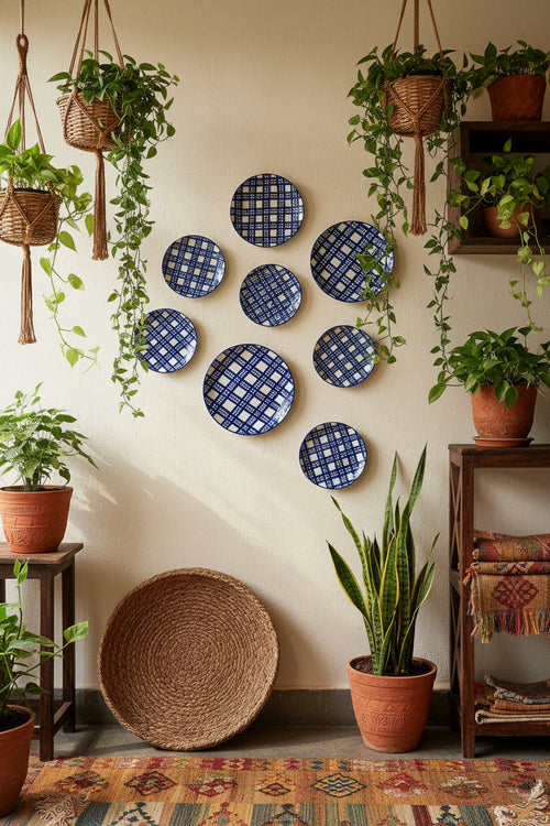 A round ceramic wall plate with a blue and white crisscross pattern, displayed on a woven mat against a floral art background.