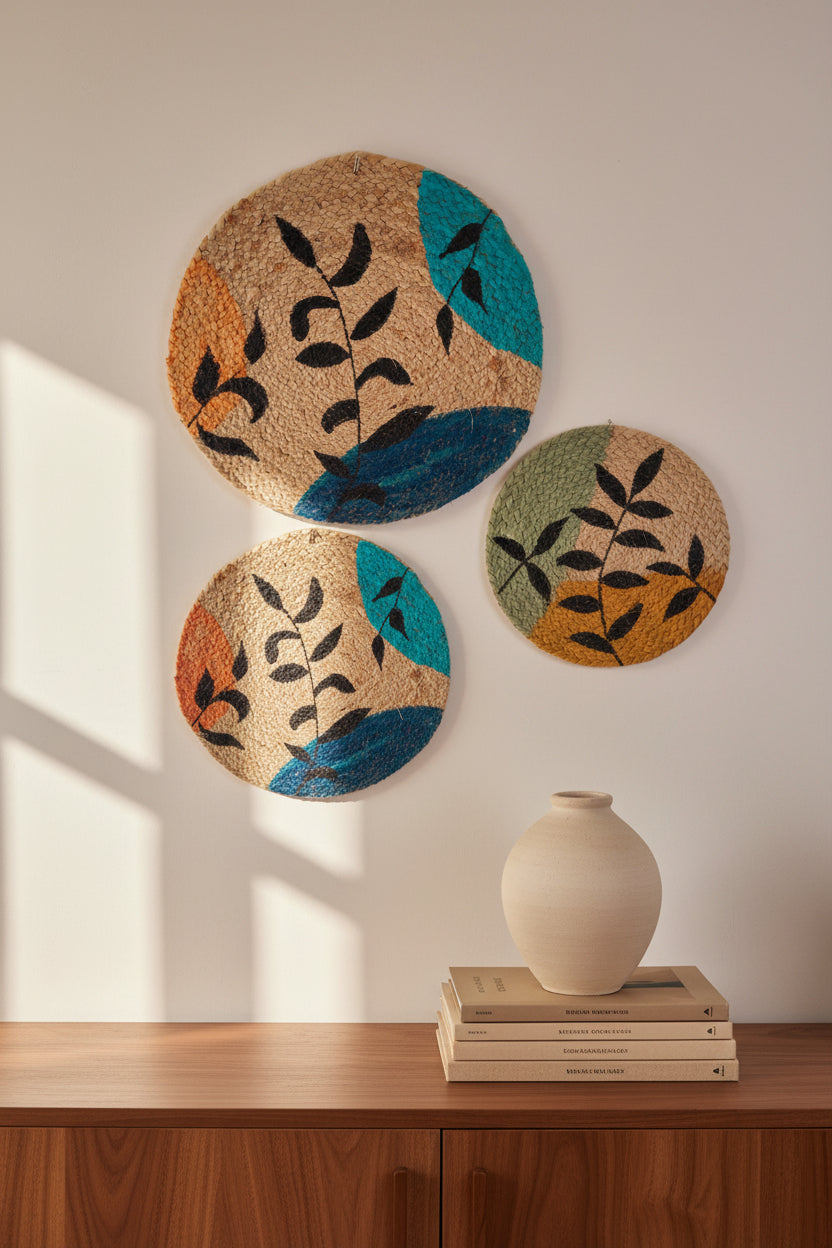 A round jute mat with hand-painted abstract leaves in vibrant colors and a sunflower design, featuring black leaves and a blue-green background.