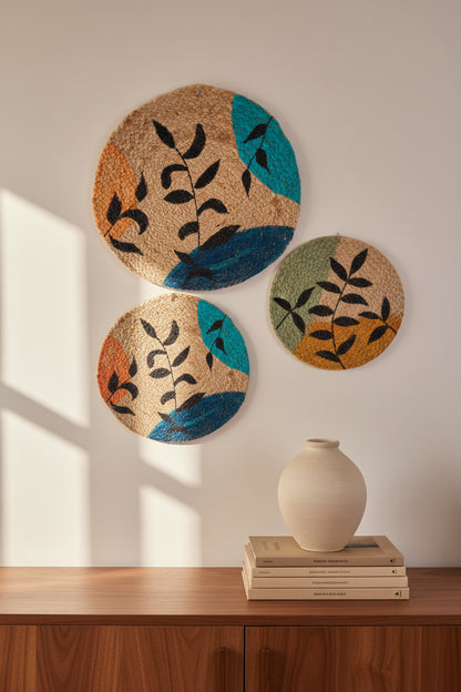 A round jute mat with hand-painted abstract leaves in vibrant colors and a sunflower design, featuring black leaves and a blue-green background.
