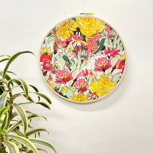Abstract Watercolor Floral Print Embroidery Hoop – Yellow, Red, Green, Multicolor | Upcycled Fabric | Multiple Sizes